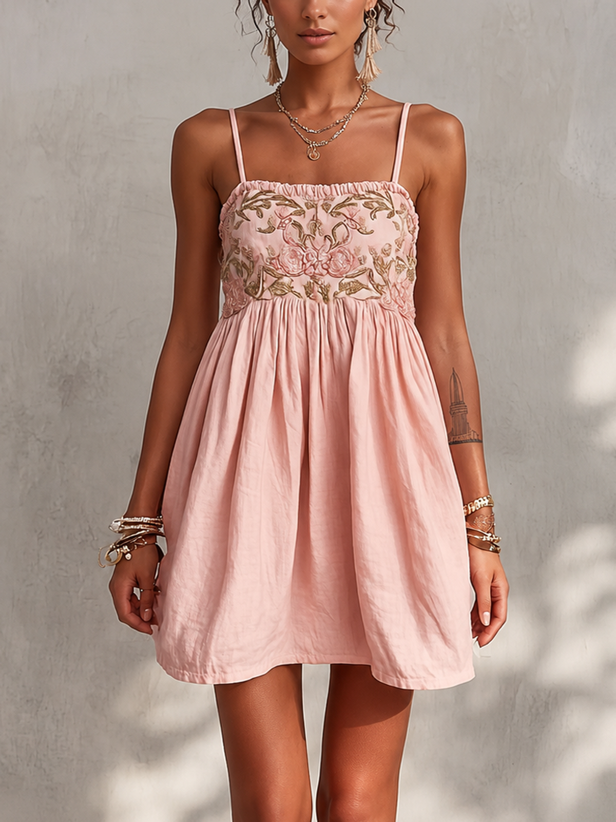 Pink Vintage Embroidered Linen Cotton Mini Cami Dress