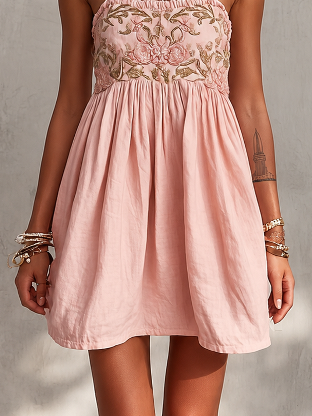 Pink Vintage Embroidered Linen Cotton Mini Cami Dress