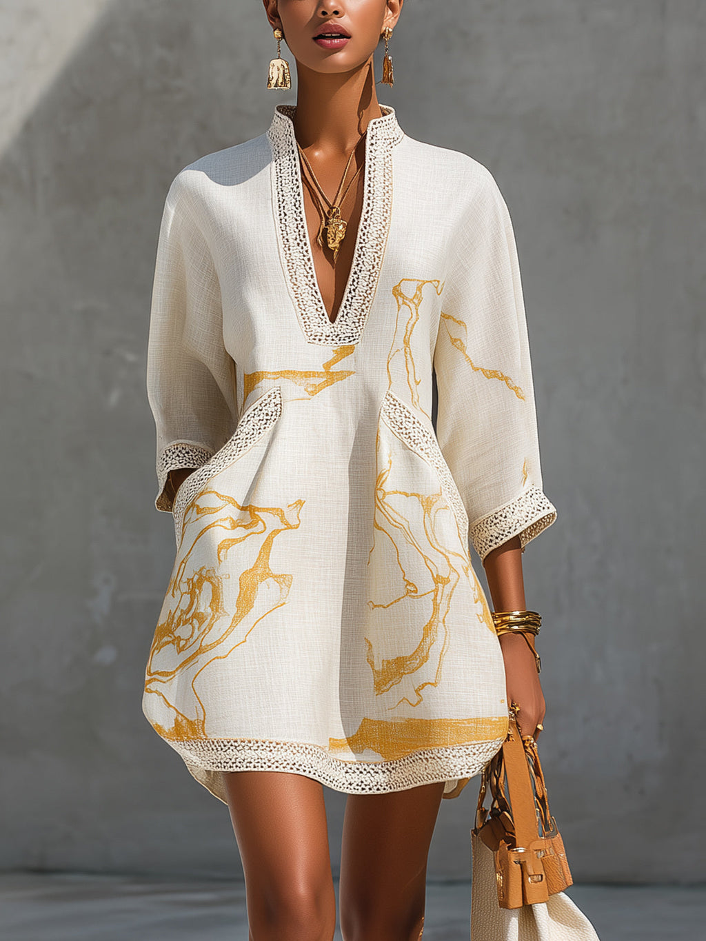 Ivory Gold Print V-Neck Mini Dress with Crochet Trim