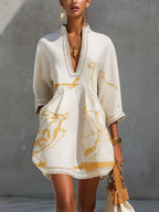 Ivory Gold Print V-Neck Mini Dress with Crochet Trim
