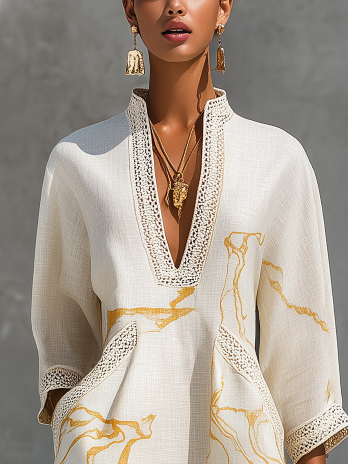Ivory Gold Print V-Neck Mini Dress with Crochet Trim