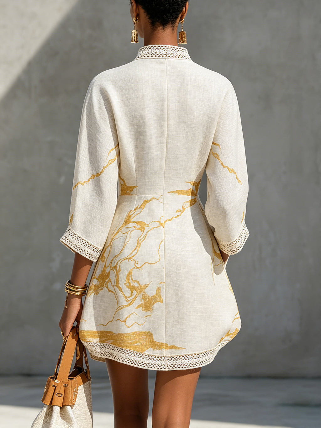 Ivory Gold Print V-Neck Mini Dress with Crochet Trim