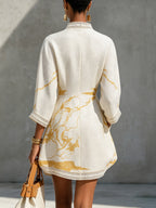 Ivory Gold Print V-Neck Mini Dress with Crochet Trim