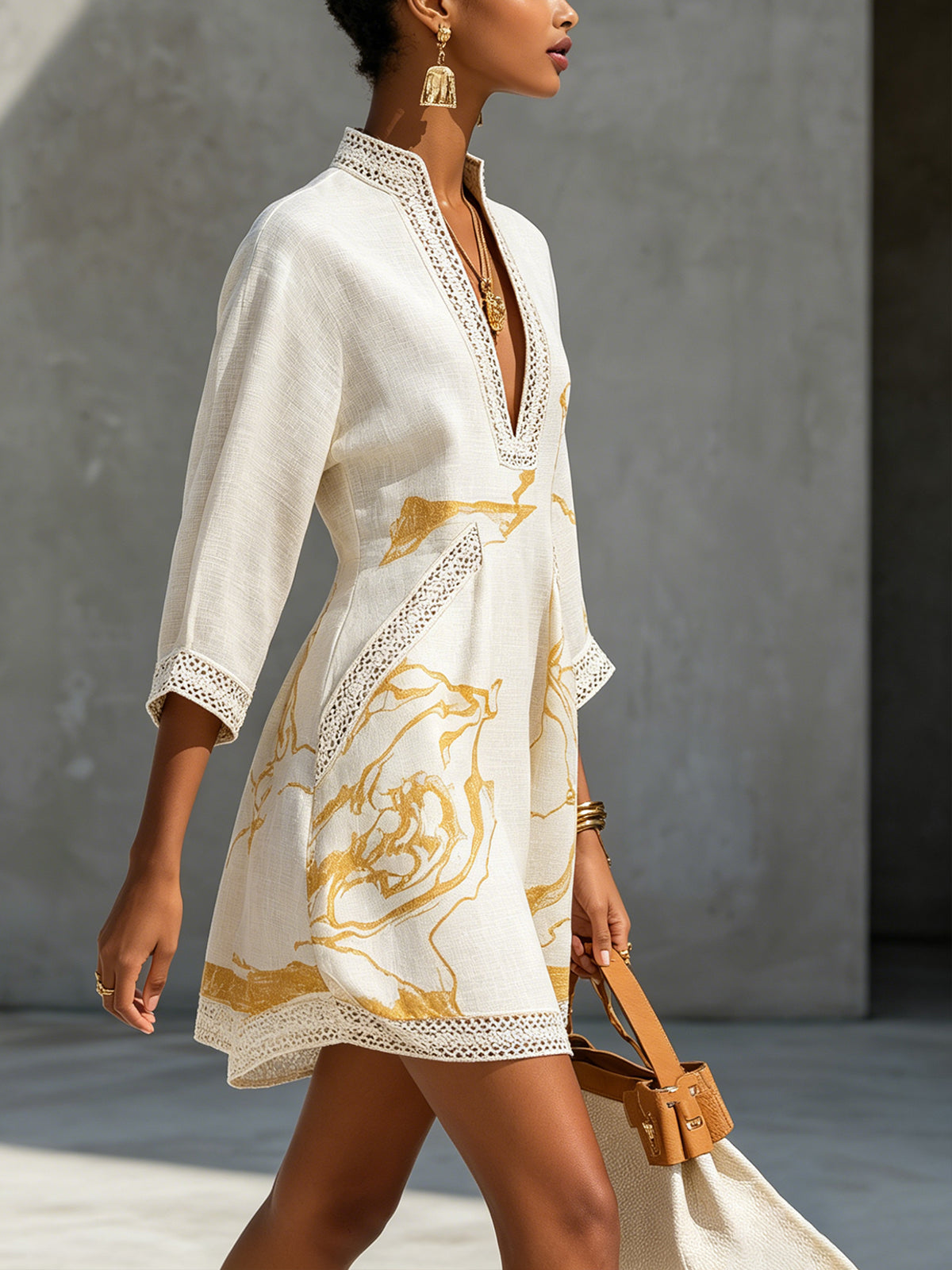 Ivory Gold Print V-Neck Mini Dress with Crochet Trim