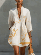 Ivory Gold Print V-Neck Mini Dress with Crochet Trim