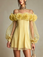 Yellow 3D Floral Pleated Chiffon Mini Dress