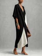 Black and White Textured Colour-block V-Neck Midi Dress