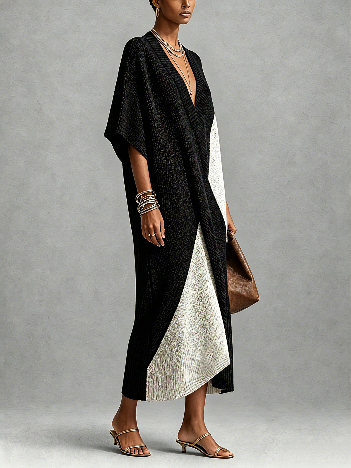 Black and White Textured Colour-block V-Neck Midi Dress