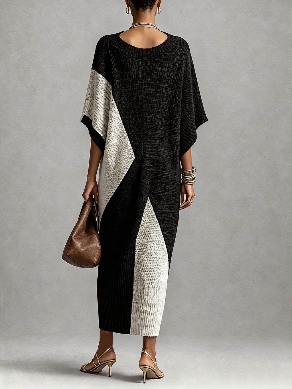 Black and White Textured Colour-block V-Neck Midi Dress