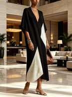 Black and White Textured Colour-block V-Neck Midi Dress