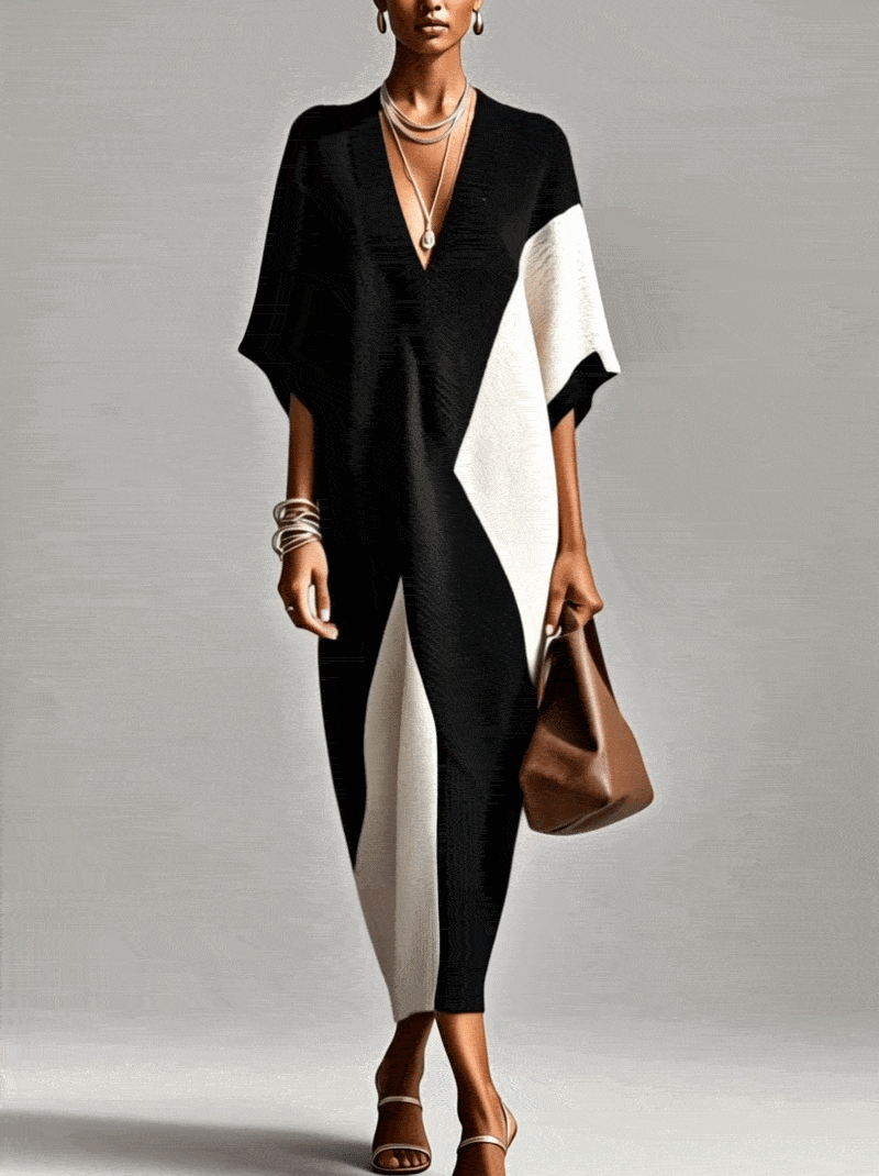 Black and White Textured Colour-block V-Neck Midi Dress