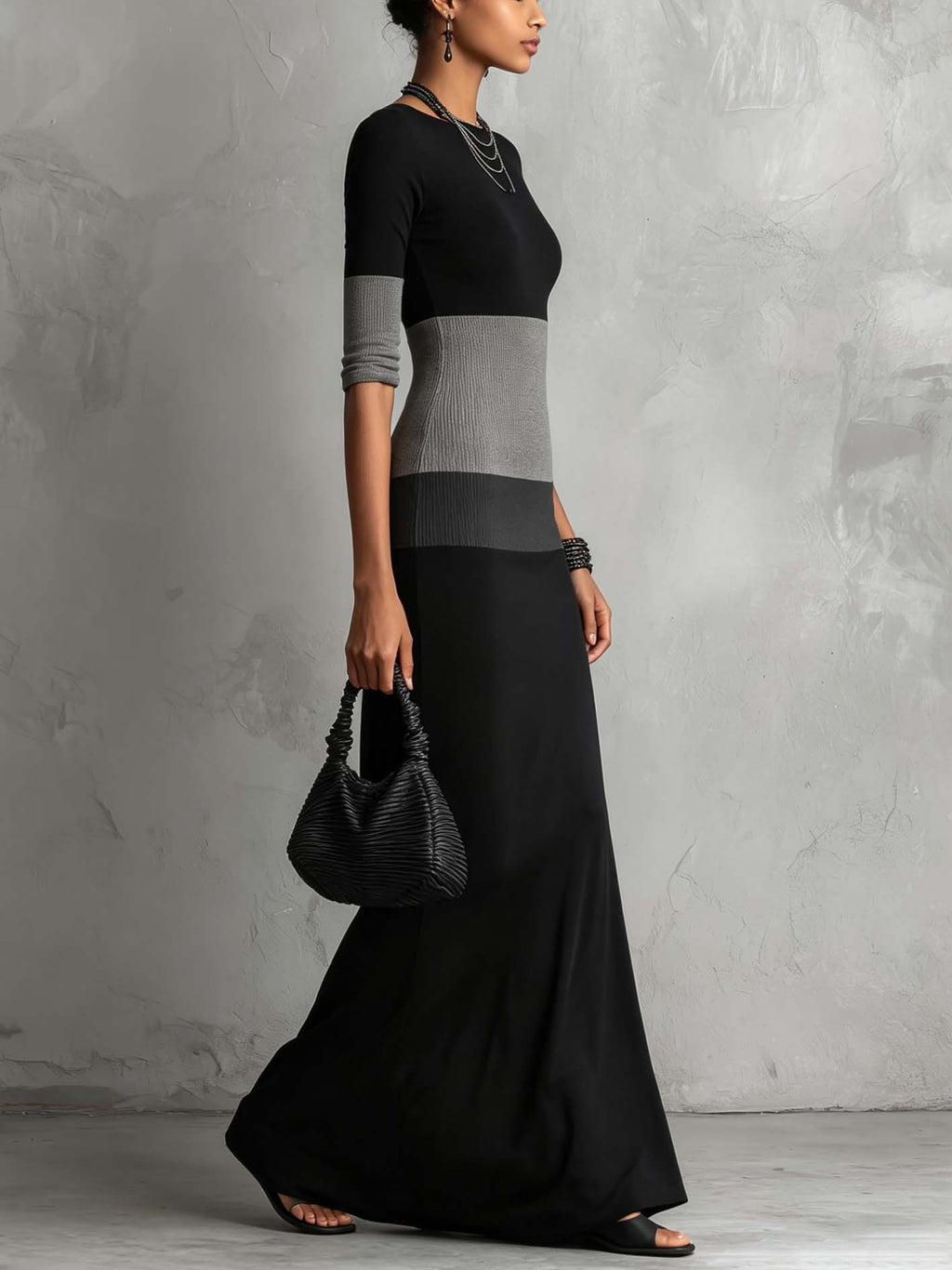 Black and Grey Colour-block Bodycon Maxi Dress