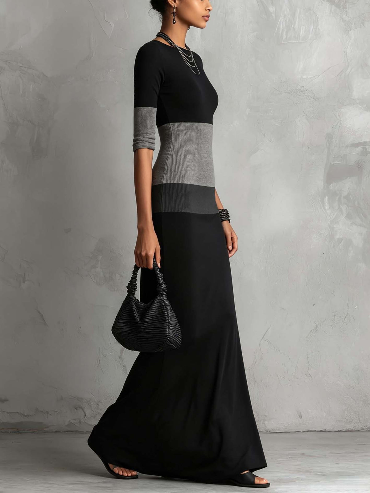 Black and Grey Colour-block Bodycon Maxi Dress