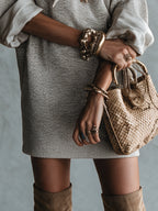 Grey Satin Bow Knit Five Sleeve Mini Dress