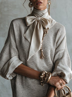 Grey Satin Bow Knit Five Sleeve Mini Dress