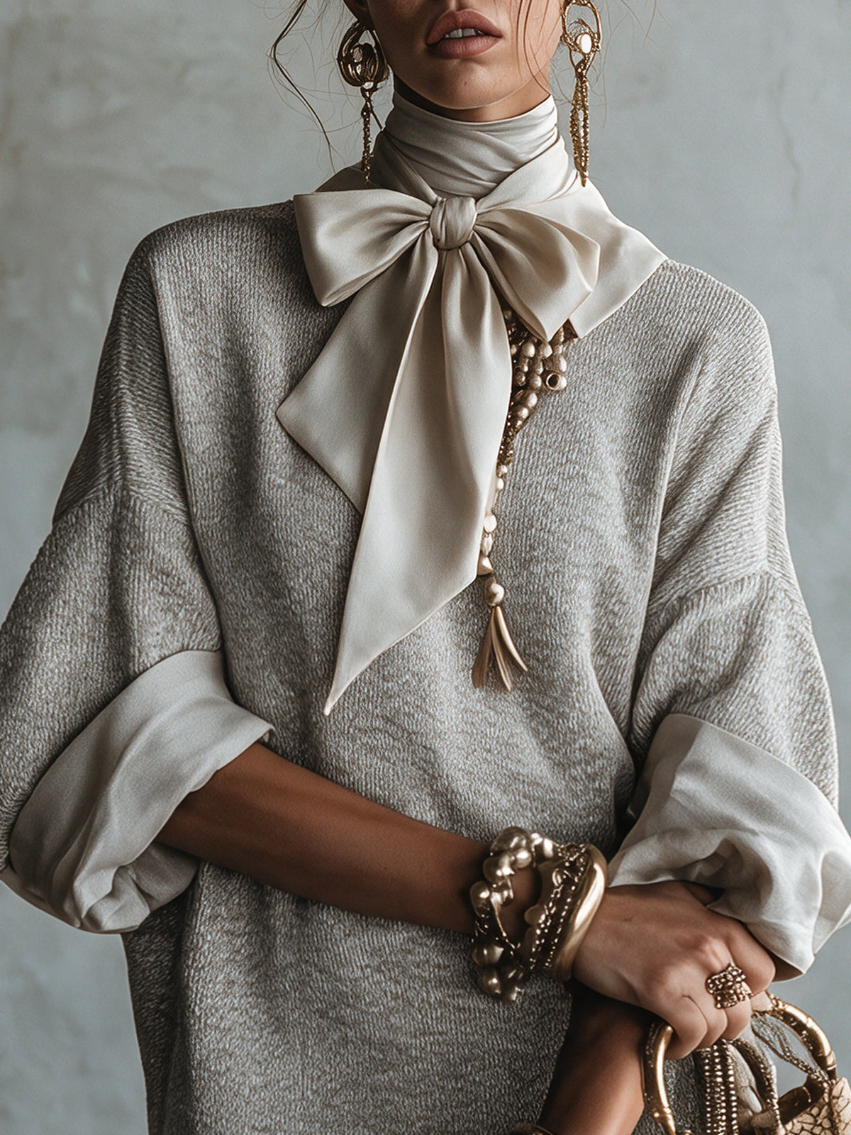 Grey Satin Bow Knit Five Sleeve Mini Dress