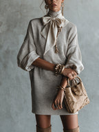 Grey Satin Bow Knit Five Sleeve Mini Dress