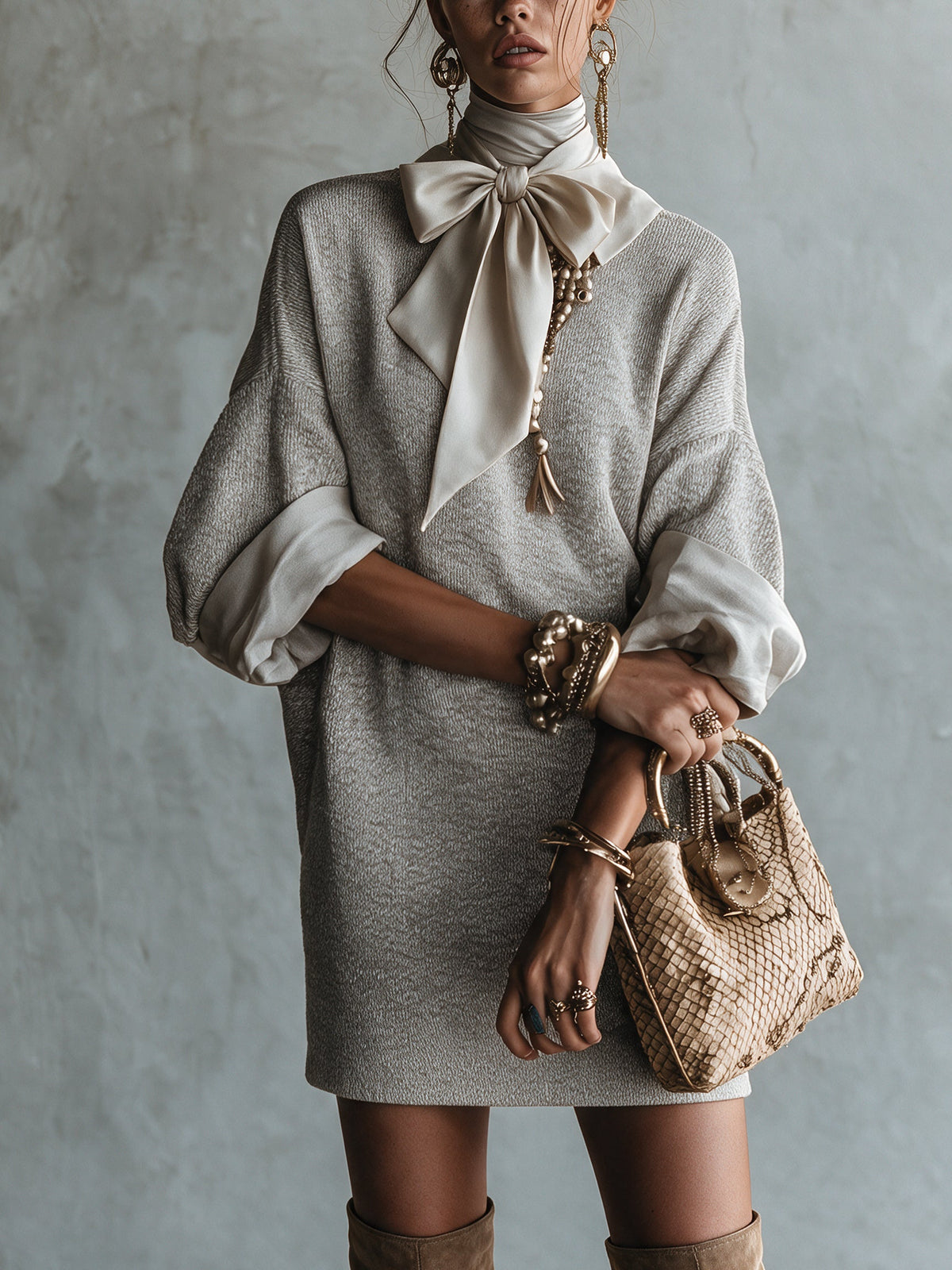 Grey Satin Bow Knit Five Sleeve Mini Dress