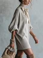 Grey Satin Bow Knit Five Sleeve Mini Dress