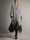 Grey Shimmer Knit Lace Hem Midi Dress