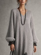 Grey Shimmer Knit Lace Hem Midi Dress