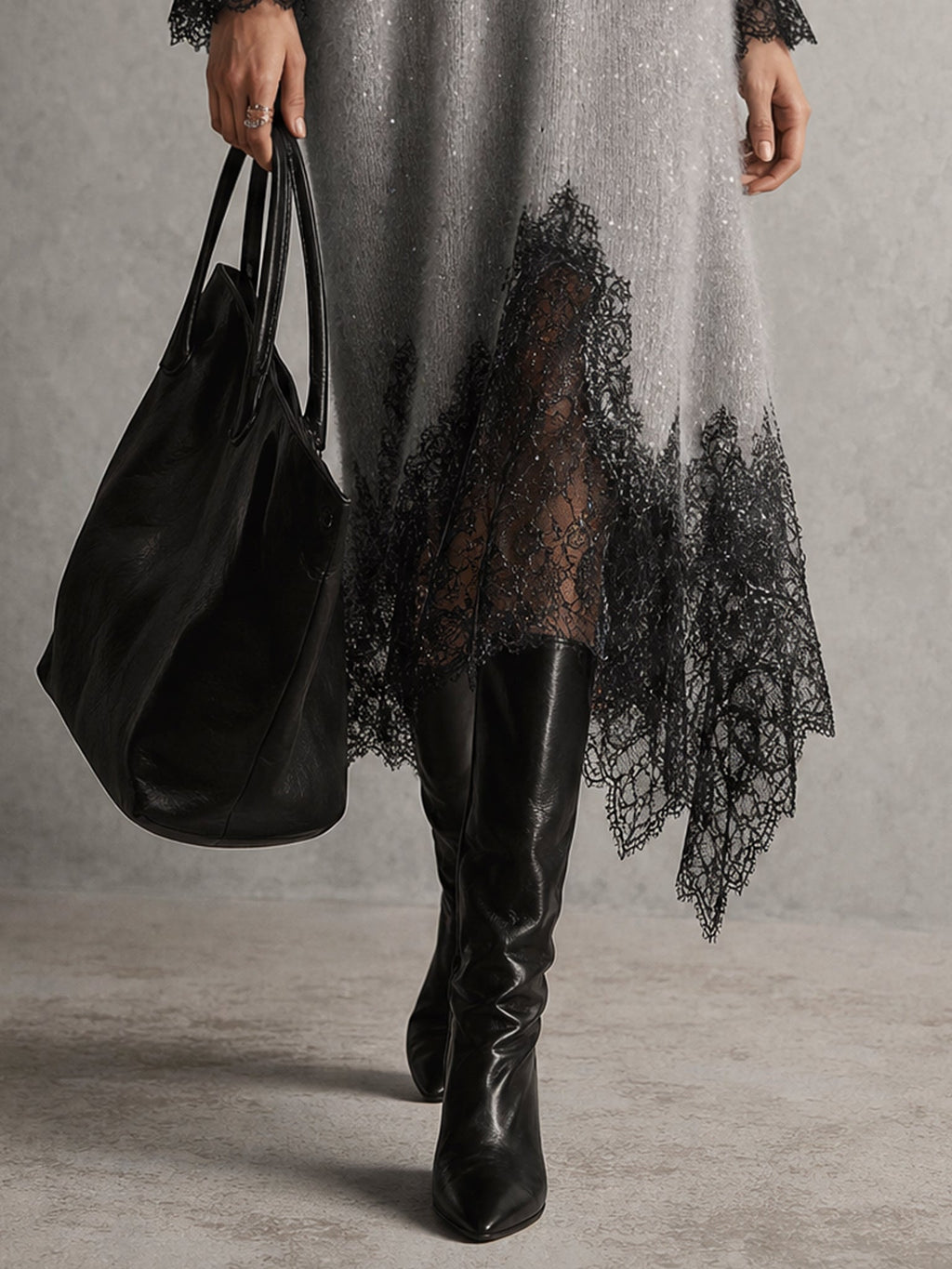 Grey Shimmer Knit Lace Hem Midi Dress