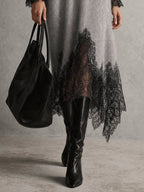 Grey Shimmer Knit Lace Hem Midi Dress