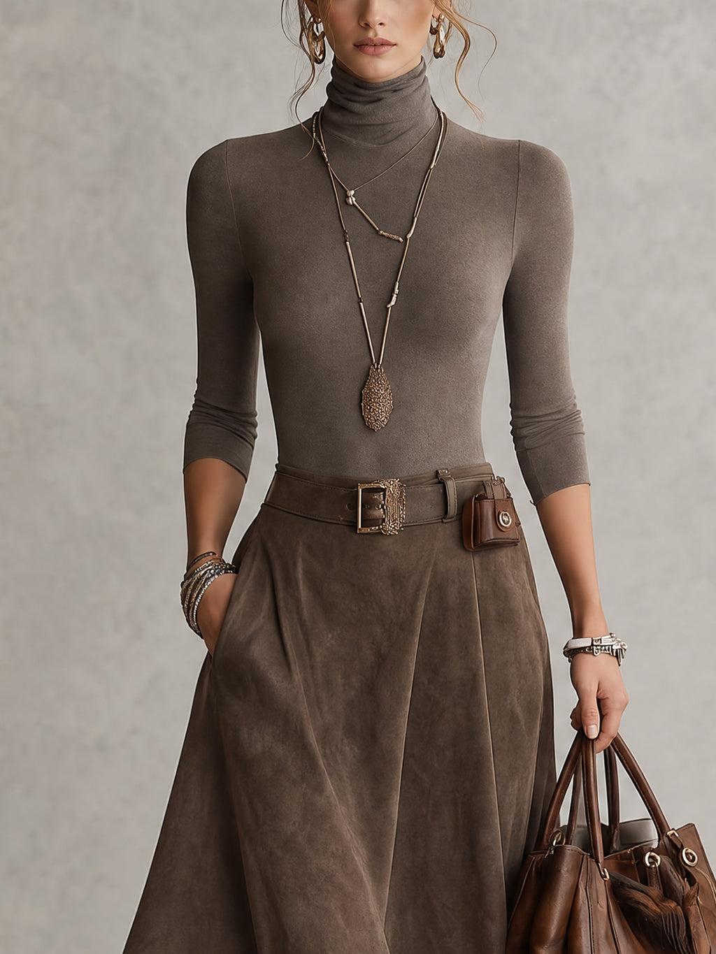 Taupe Stretch Roll Neck Top and Asymmetrical Suede Skirt Set