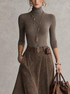 Taupe Stretch Roll Neck Top and Asymmetrical Suede Skirt Set
