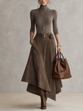 Taupe Stretch Roll Neck Top and Asymmetrical Suede Skirt Set