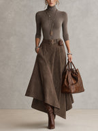 Taupe Stretch Roll Neck Top and Asymmetrical Suede Skirt Set