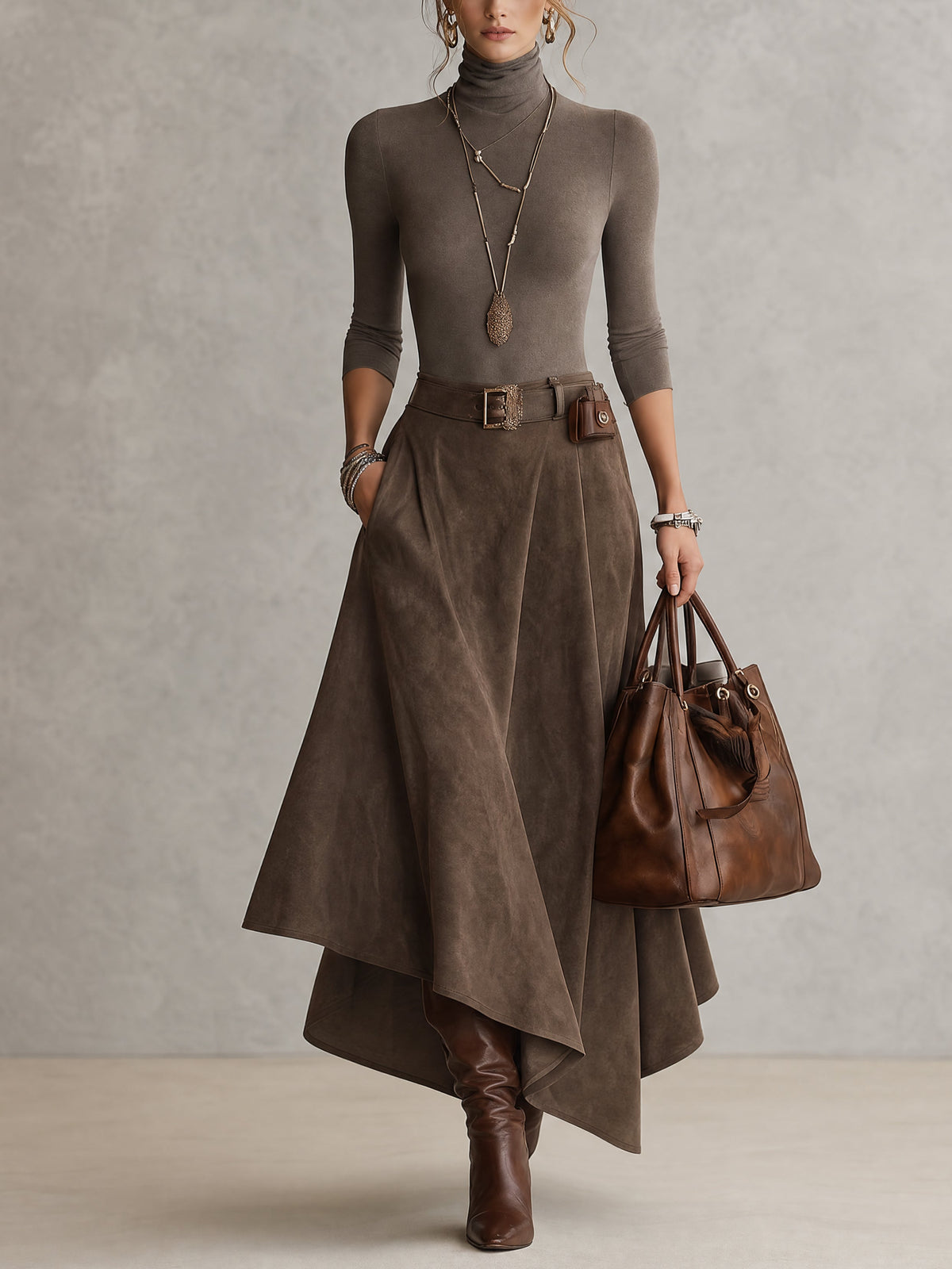 Taupe Stretch Roll Neck Top and Asymmetrical Suede Skirt Set