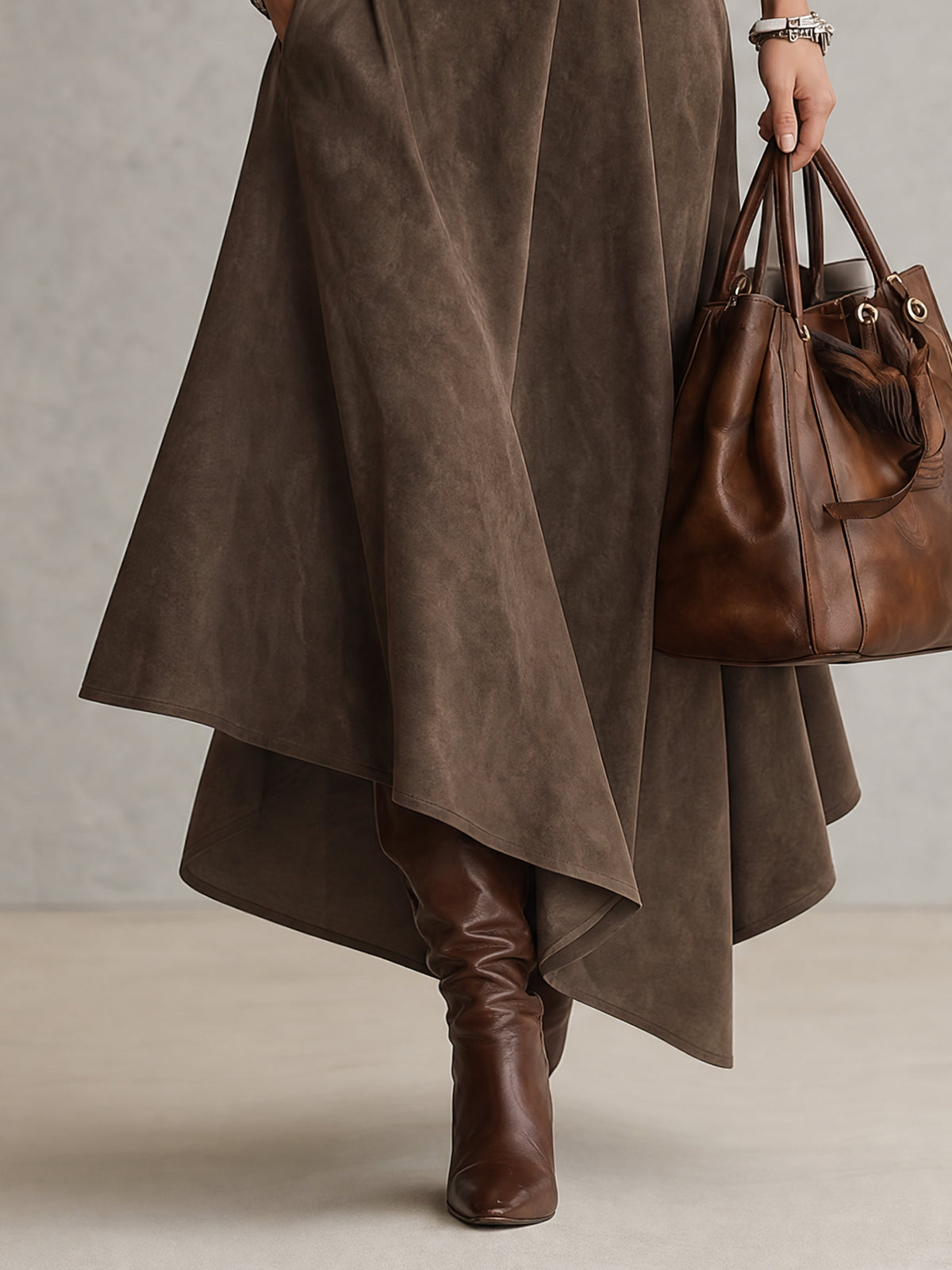 Taupe Stretch Roll Neck Top and Asymmetrical Suede Skirt Set
