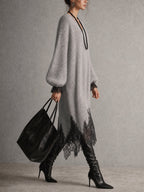 Grey Shimmer Knit Lace Hem Midi Dress