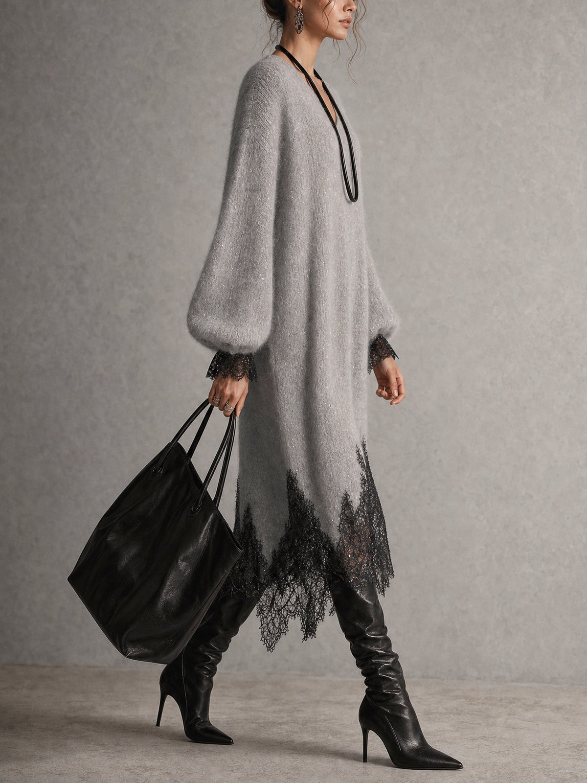 Grey Shimmer Knit Lace Hem Midi Dress