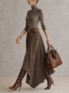 Taupe Stretch Roll Neck Top and Asymmetrical Suede Skirt Set