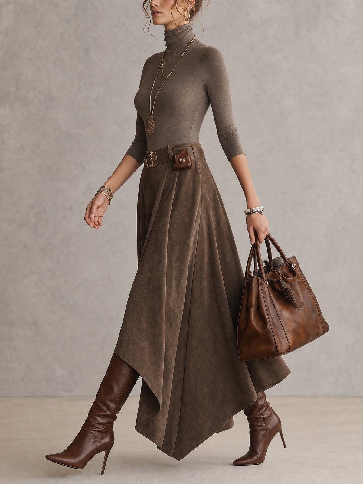 Taupe Stretch Roll Neck Top and Asymmetrical Suede Skirt Set