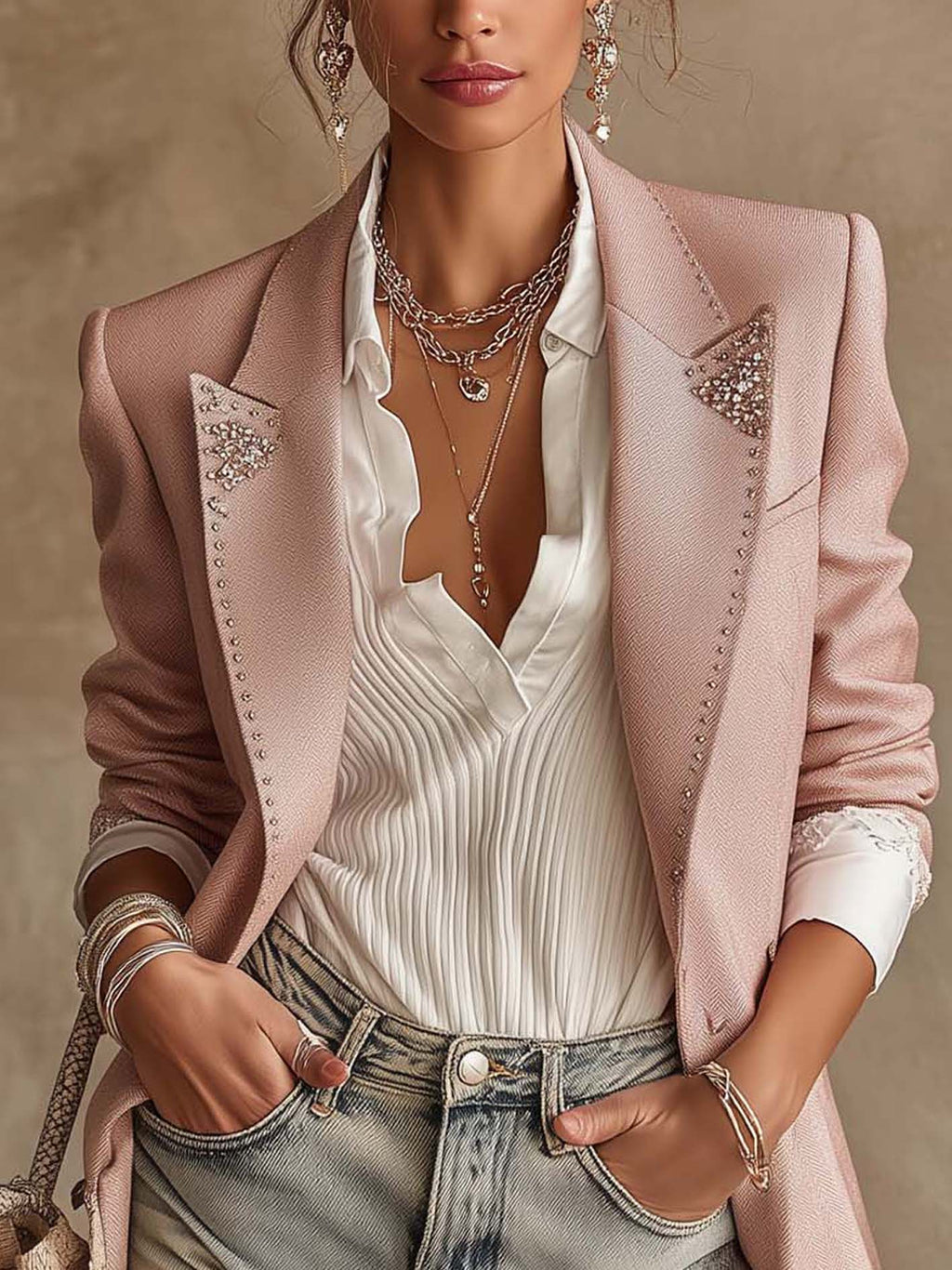 Pink Rhinestone Embellished Two-Button Tailored Blazer