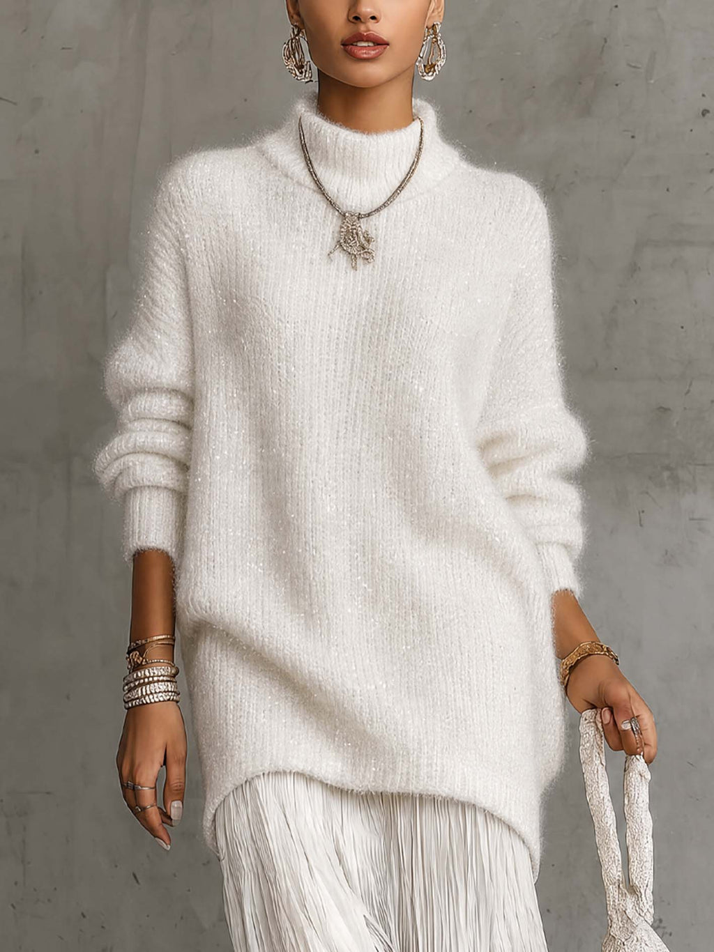 White Shimmer Fuzzy Knit Jumper Dress with Pleated Chiffon Patchwork Hem