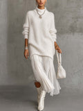 White Shimmer Fuzzy Knit Jumper Dress with Pleated Chiffon Patchwork Hem