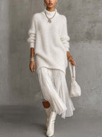 White Shimmer Fuzzy Knit Jumper Dress with Pleated Chiffon Patchwork Hem