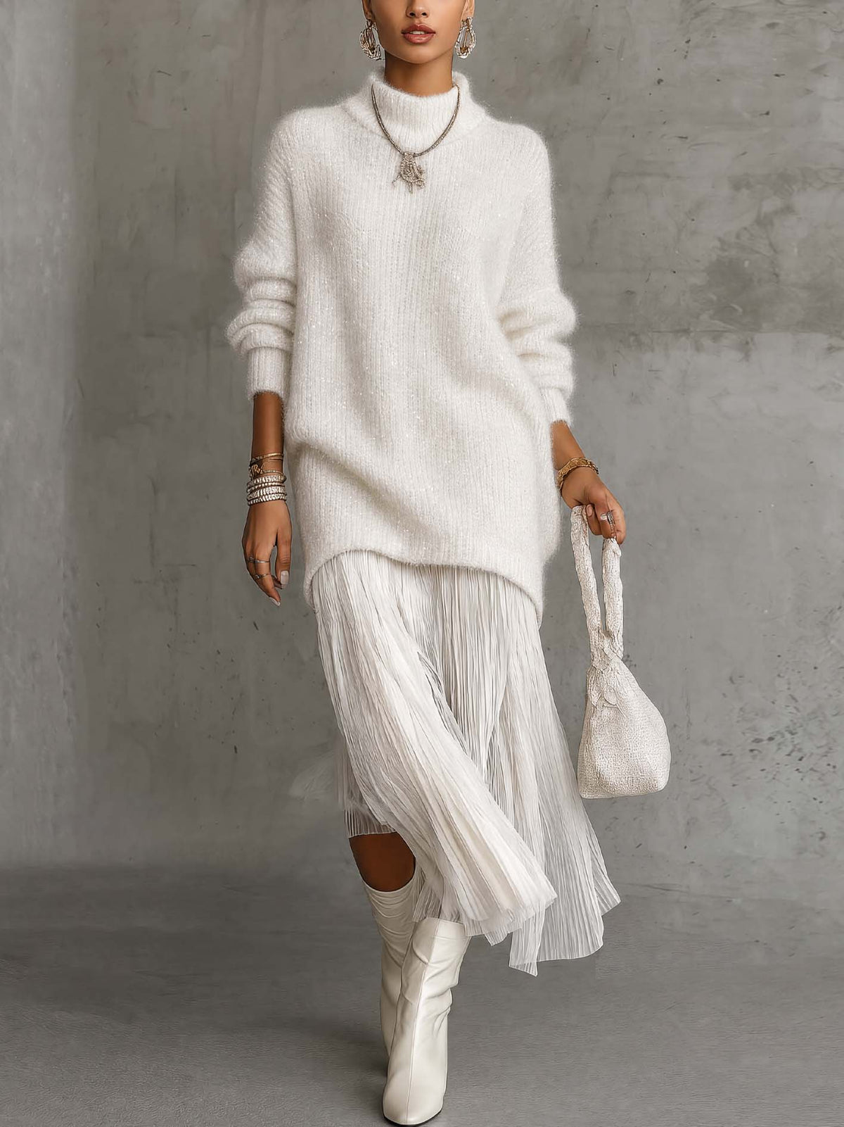 White Shimmer Fuzzy Knit Jumper Dress with Pleated Chiffon Patchwork Hem
