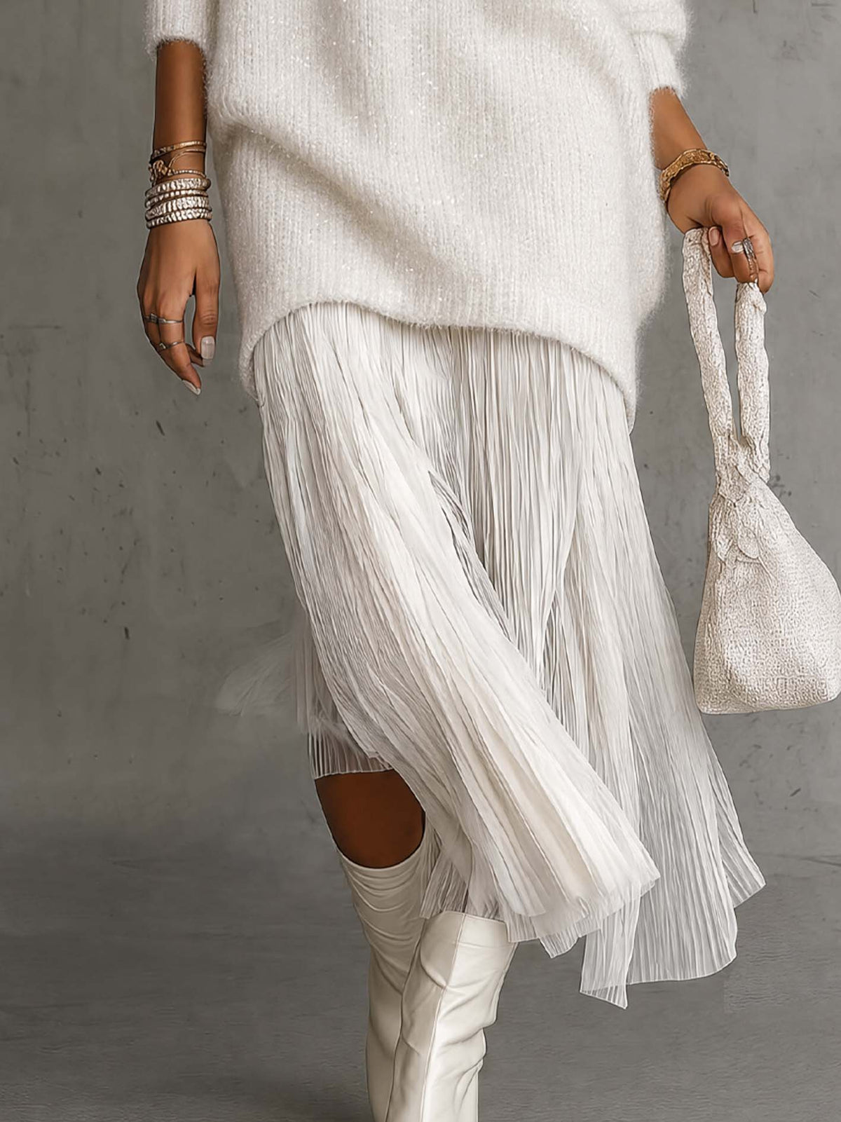 White Shimmer Fuzzy Knit Jumper Dress with Pleated Chiffon Patchwork Hem
