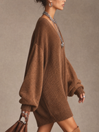 Brown V‑Neck Mixed‑Fabric Oversized Knit Mini Dress