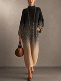 Black to Beige Gradient Roll Neck Knit Maxi Dress