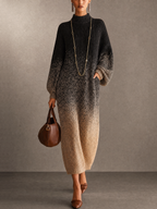 Black to Beige Gradient Roll Neck Knit Maxi Dress