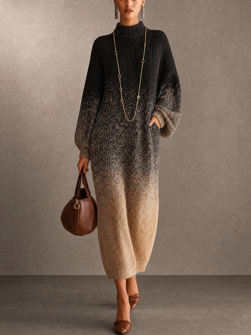 Black to Beige Gradient Roll Neck Knit Maxi Dress