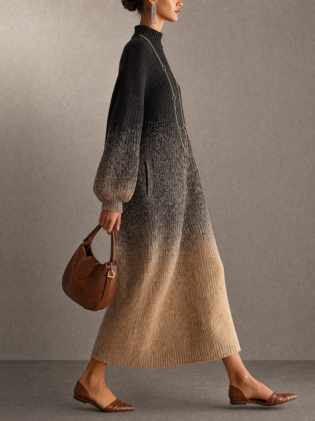 Black to Beige Gradient Roll Neck Knit Maxi Dress
