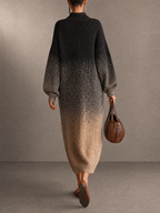Black to Beige Gradient Roll Neck Knit Maxi Dress