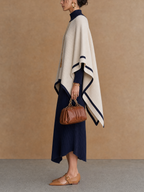Navy and Cream Roll Neck Knit Poncho Overlay Midi Dress